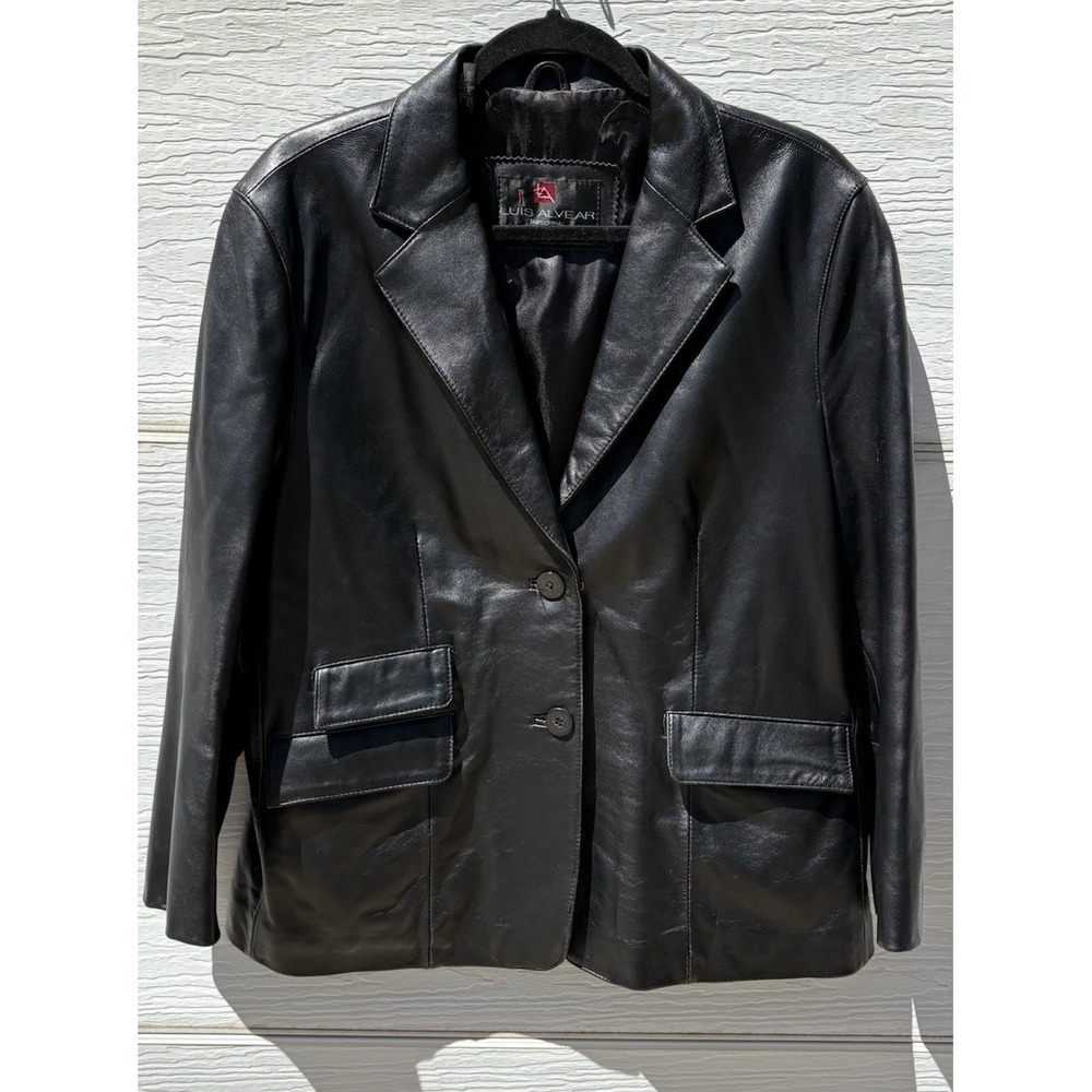 Y2K Black Leather Blazer Jacket Women's XL Two Button Luis Alvear Flap Pocket